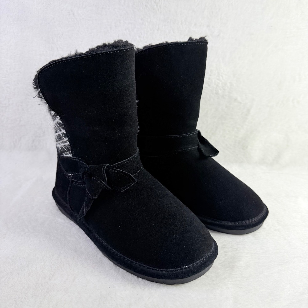 Bearpaw Elle Knit Winter Boots Women Size 8 Black Suede NeverWet Bow Detail